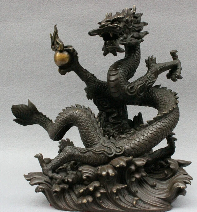 

song voge gem S3771 13" China Pure Bronze Decoration Royal Palace Zodiac Fly Dragon Play Ball Statue