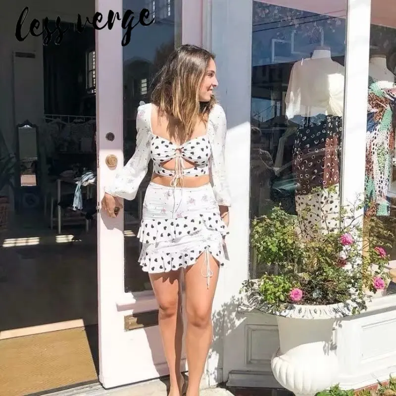 lessverge Floral heart print long sleeve two piece set Slash neck zipper white crop top camis Ruffles casual prairie mini skirt lessverge Floral heart print long sleeve two piece set Slash neck zipper white crop top camis Ruffles casual prairie mini skirt