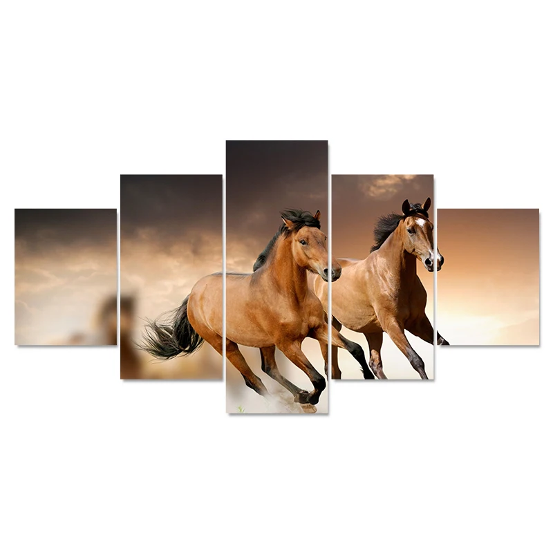

QK искусство 5 шт. настенные картины для гостиной холст два бега коричневая лошадь животные живопись Домашний Декор Рамка закат