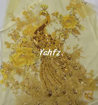 

50*135CM Golden Big Peacock Gauze Tulle Sequin Embroidery Flower Fabric Material Yarn Textile African Lace Guipure Sew Dress
