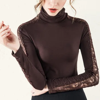 

ACRMRAC Women t-shirt Spring and autumn t-shirt Lace Long sleeve Turtleneck Slim Sexy Tops Tees T-shirt Women
