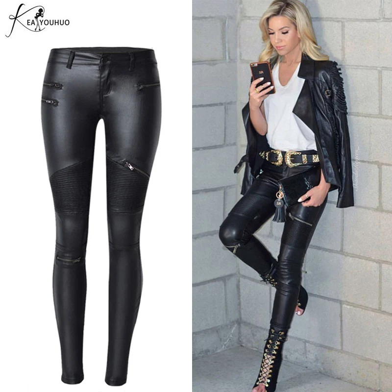 Acheter 2019 hiver Stretch PU cuir pantalon pour femmes taille haute Joggers femmes pantalon grande taille crayon slim taille pantalon femme