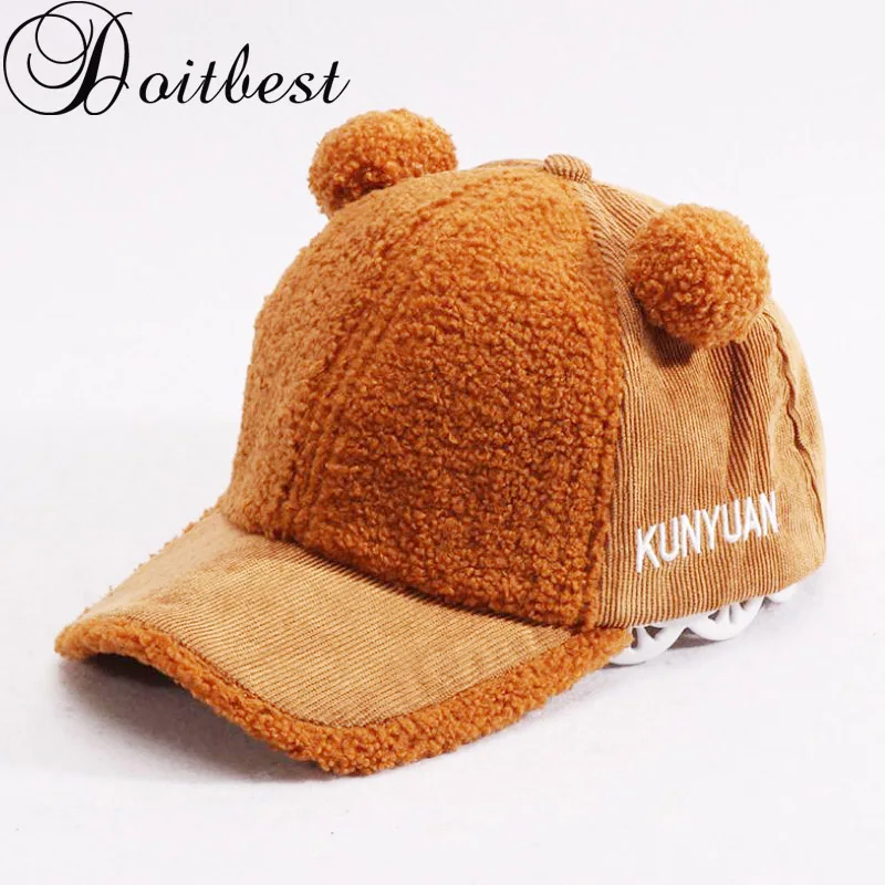 

Doitbest 2-6 Y corduroy kid bobble hat Children Baseball Cap autumn fur hairball kids Winter Hats Boys Girls snapback Caps