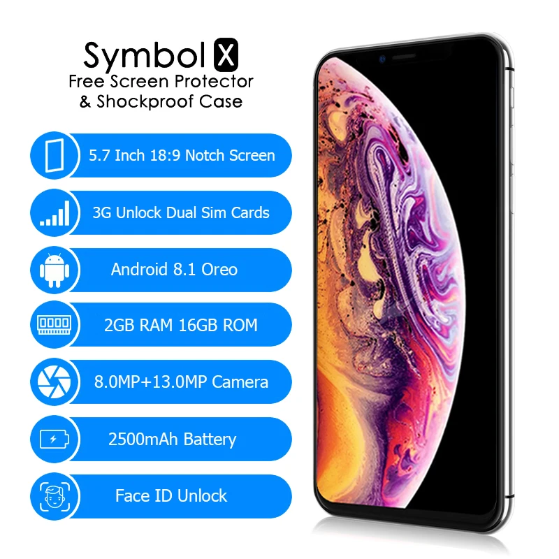 XGODY Symbol X 3G Unlock Smartphone 5.7 Inch 18:9 Notch Screen Mobile Phone Android 8.1 Quad Core 2G+16GB 13.0MP Celular Face ID XGODY Symbol X 3G Unlock Smartphone 5.7 Inch 18:9 Notch Screen Mobile Phone Android 8.1 Quad Core 2G+16GB 13.0MP Celular Face ID