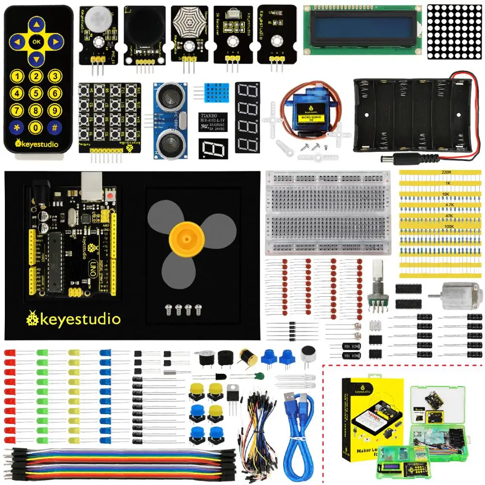 Keyestudio Maker Learning kit/Starter kit(UNOR3) для проекта Arduino W/Подарочная коробка+ Руководство пользователя+ 1602LCD+ шасси+ PDF(oline