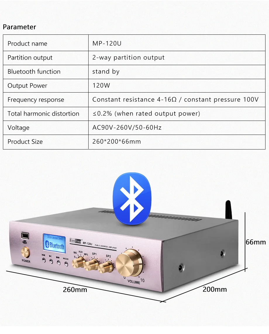 Bluetooth усилитель динамики 120 Вт Цифровой стерео Музыка Аудио oupushi 2 зоны усилитель мощности с fm usb mp3 система общественного адреса