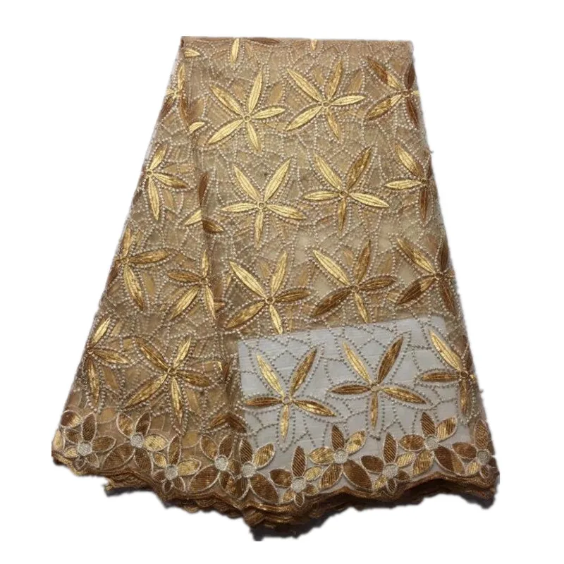 

New arrival gold color french net lace fabric with flower design for wedding dress in lace material