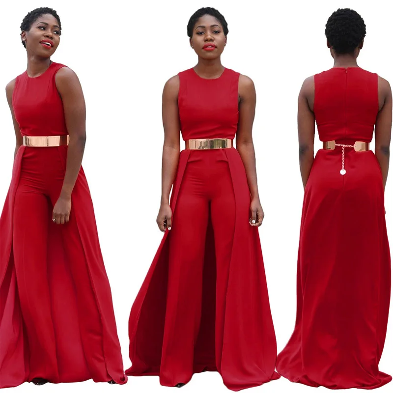 

2019 Sexy Sleeveless O Neck Long Pant Jumpsuit Women Clothing Elegant Loose Slim Tunic party Romper Fashion Red Macacao Overalls