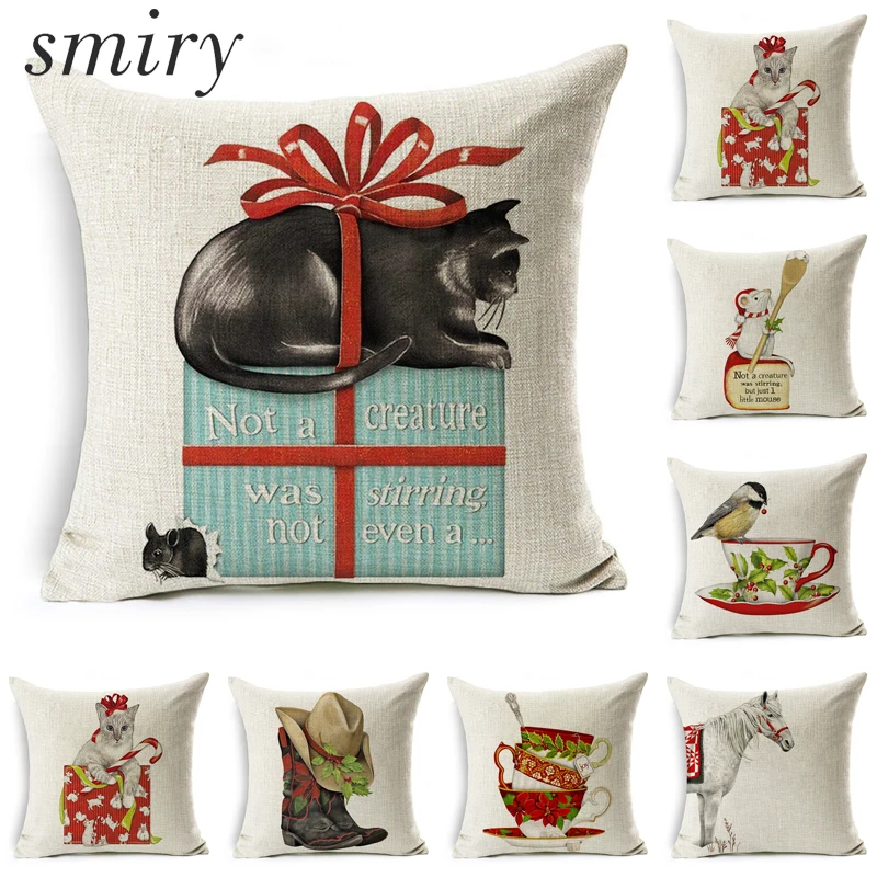 

Smiry Christmas Line Pillow Cover Cartoon Lovely Cat With Mouse Birds Decorative Modern Sofa Chair Cushion Cover Pillow Case