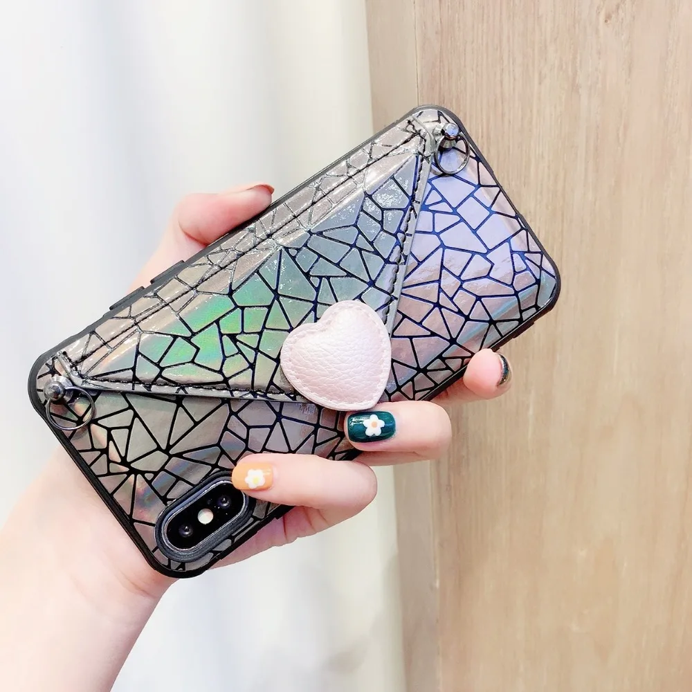 Cases For iPhone X Xr Xs Max Case Korean Laser Love Heart Flip Leather Stand Wallet Neck Strap Case For iPhone 7 8 6S Plus Cover (19)
