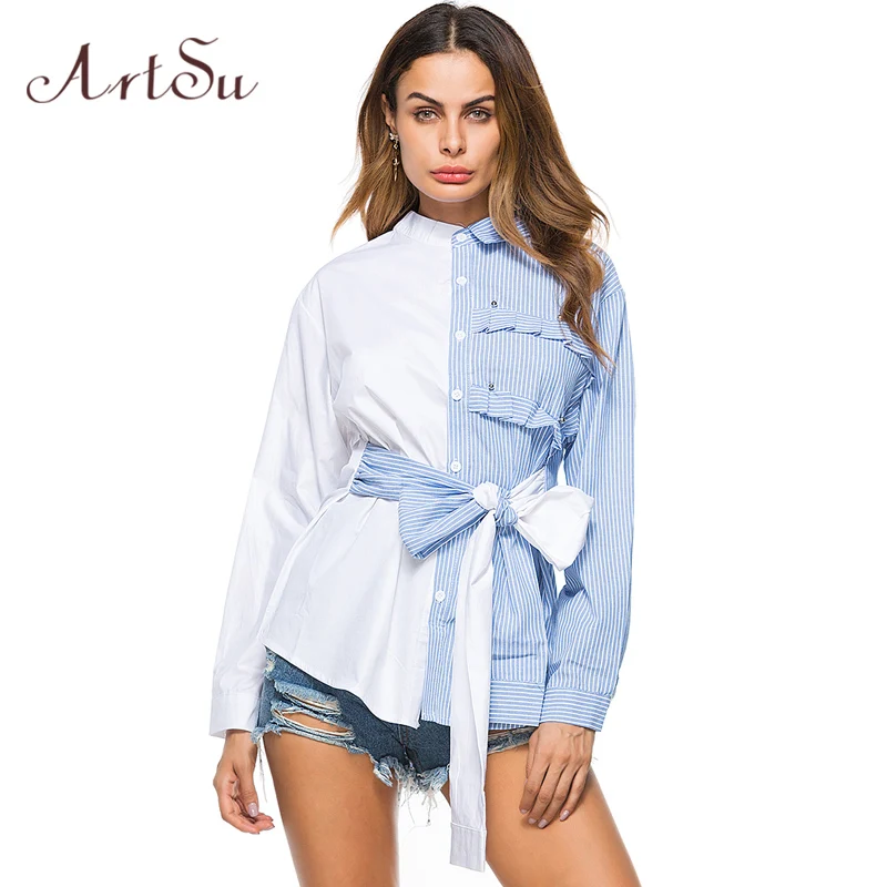 ArtSu otoño coreano de moda arco atado las mujeres blusa a rayas camisa de manga larga asimétrica Tops Blusas Ropa de Mujer ASBL30118 ArtSu otoño coreano de moda arco atado las mujeres blusa a rayas camisa de manga larga asimétrica Tops Blusas Ropa de Mujer ASBL30118