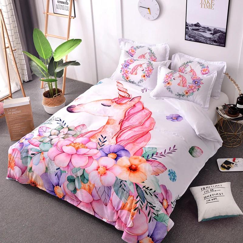 

luxury Unicorn Bedding Set Cotton 3D Duvet Cover Set Pink Black White Flower Bed Linen Adult Kids Bedding Sets Cartoon Bed Cover