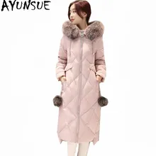 AYUNSUE, женские пуховики, белая утка, Женское пальто, меховой воротник, с капюшоном, зимняя куртка, с подкладкой, Женская длинная парка, Abrigo Mujer WXF406