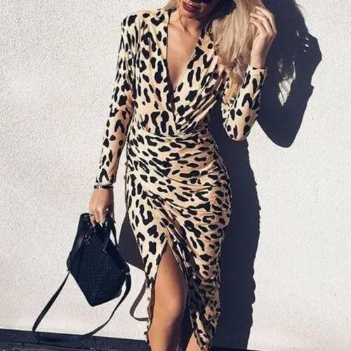 

Summer Dresses 2019 New Women Summer Sexy Long Sleeve Deep V-Neck Skinny High Waist Irregular Leopard Print Dress