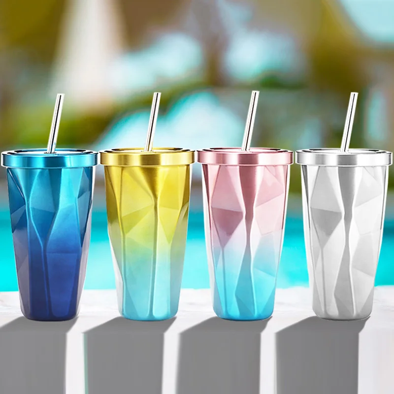 

0.5 L water bottle Mugs Irregular Double Wall Stainless Steel Cups Big Travel Beach Rainbow Ice Wine Cup with Lid Straws Bottles