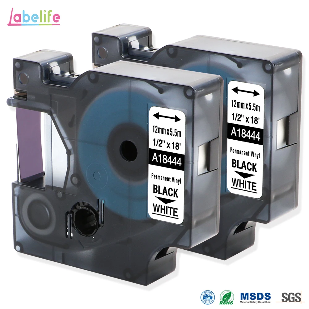 2 Pack 18444 Black/White For DYMO Rhino IND Vinyl Labels Rhino 12mm