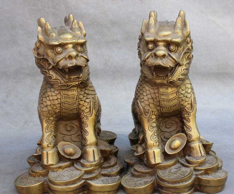 

song voge gem S4487 8'' Chinese FengShui Brass Wealth YuanBao Coin Kylin Beast Copper Statue Pair