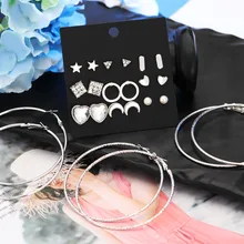 Punk 12 Pairs Pack Set Brincos Mixed Stud Earrings For Women Crystal Ear Studs Fashion Long Heart Jewelry Wholesale Earrings Set