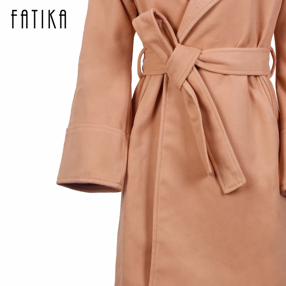 FATIKA Winter Coat Women Wide Lapel Belt Pocket Wool Blend Coat Oversize Long Red Trench Coat Outwear Woolen Coat Women