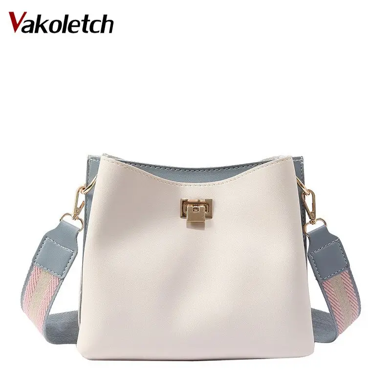 

Sweet Lady Bucket Bag PU Leather Crossbody Bags For Women Wide Strap Shoulder Bag 2022 Luxury Panelled Messenger Bags KL488