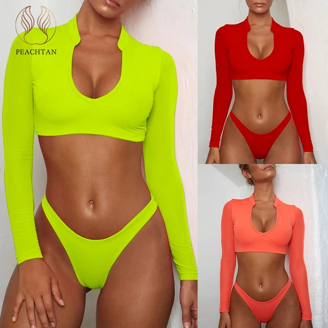 {Excellent|Wonderfull|Very Good|Very Recommended} Peachtan Long sleeve brazilian swimsuit female Mesh neon bikini 2019 micro Sexy push up swimwear women bathing suit Thong beach Cheap Price