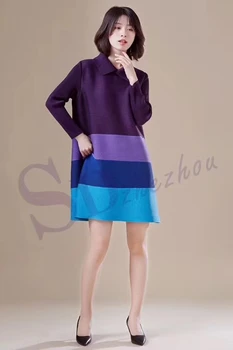 

FREE SHIPPING Miyake fashion fold chiffon striped turn-down collar long sleeve T-shirt IN STOCK