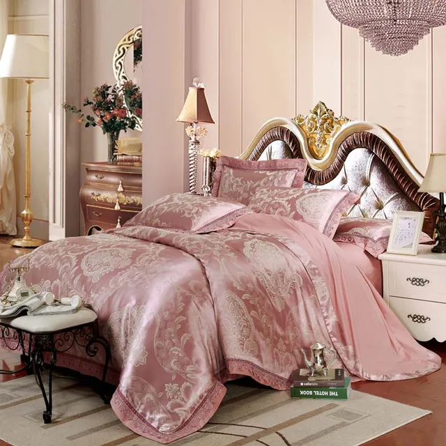Luxury GOOD quality Jacquard Silk Bedding Set 4pcs Satin Bed Sets Duvet