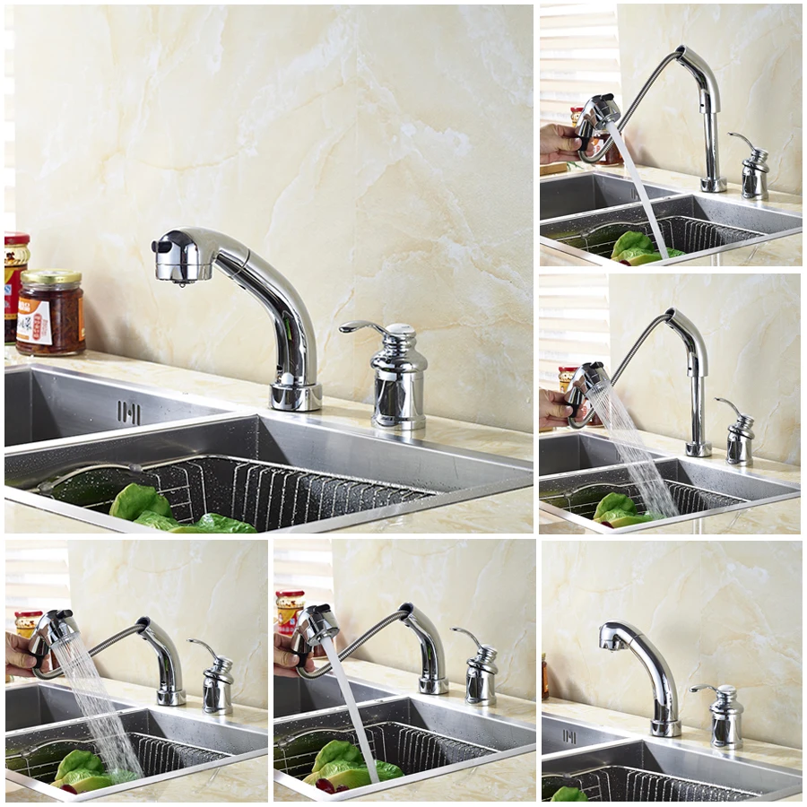 New Style Chrome Polished Kitchen Sink Faucet Single Handle Mixer Tap Pull Out Faucet