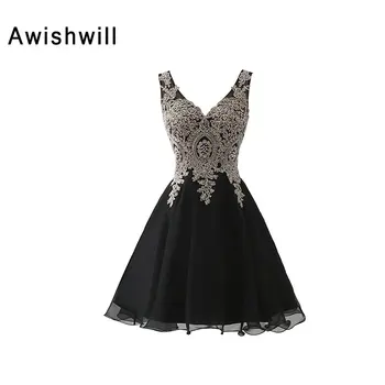 

Real Image Sexy Black Gown V-neck Lace Appliques A-line Celebrity Evening Gowns Cheap Short Evening Dress Little Black Dress