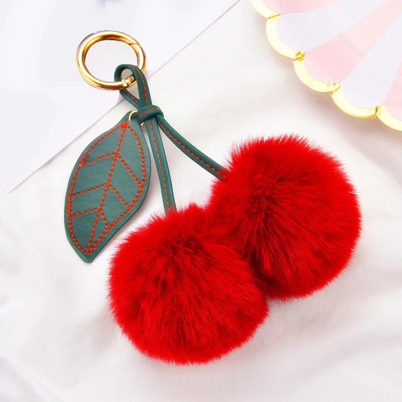 

Cherry With PU Leaves Hair Ball Key Ring Plush Faux Fur Fruit Bag Car Pendant Fashion Sweet Fluffy Pompon Keychain Women Gift