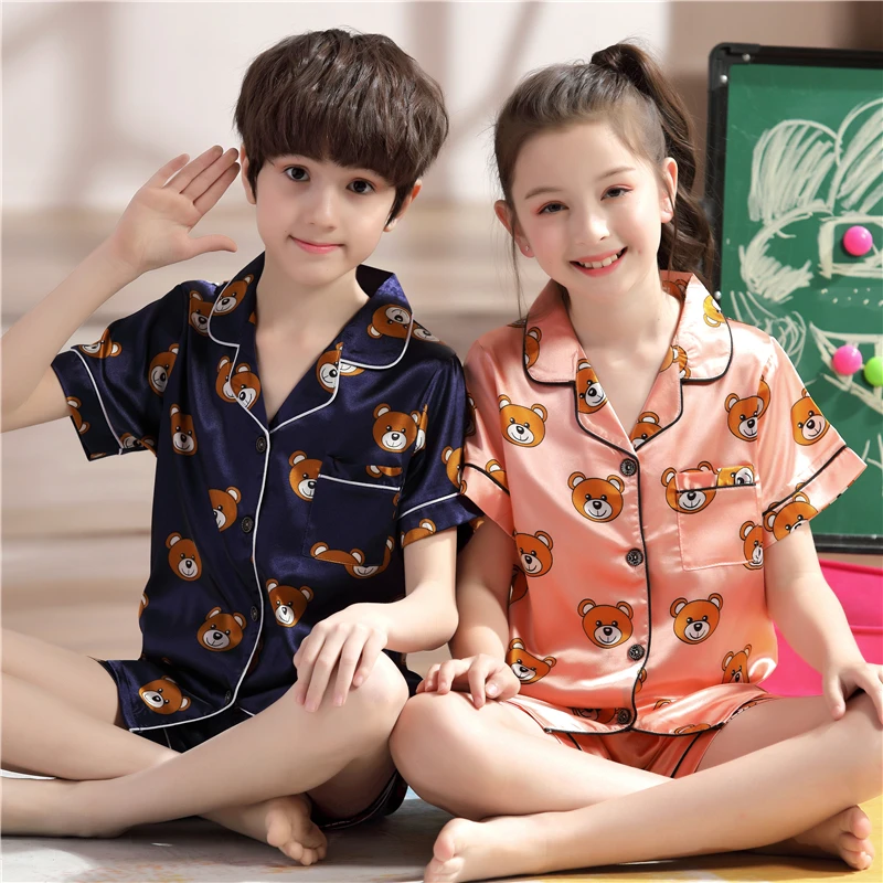 Шелковый пижамный комплект с короткими рукавами и отворотами, домашняя одежда для детей с рисунком медведя, пижамы для маленьких мальчиков, пижамы для детей