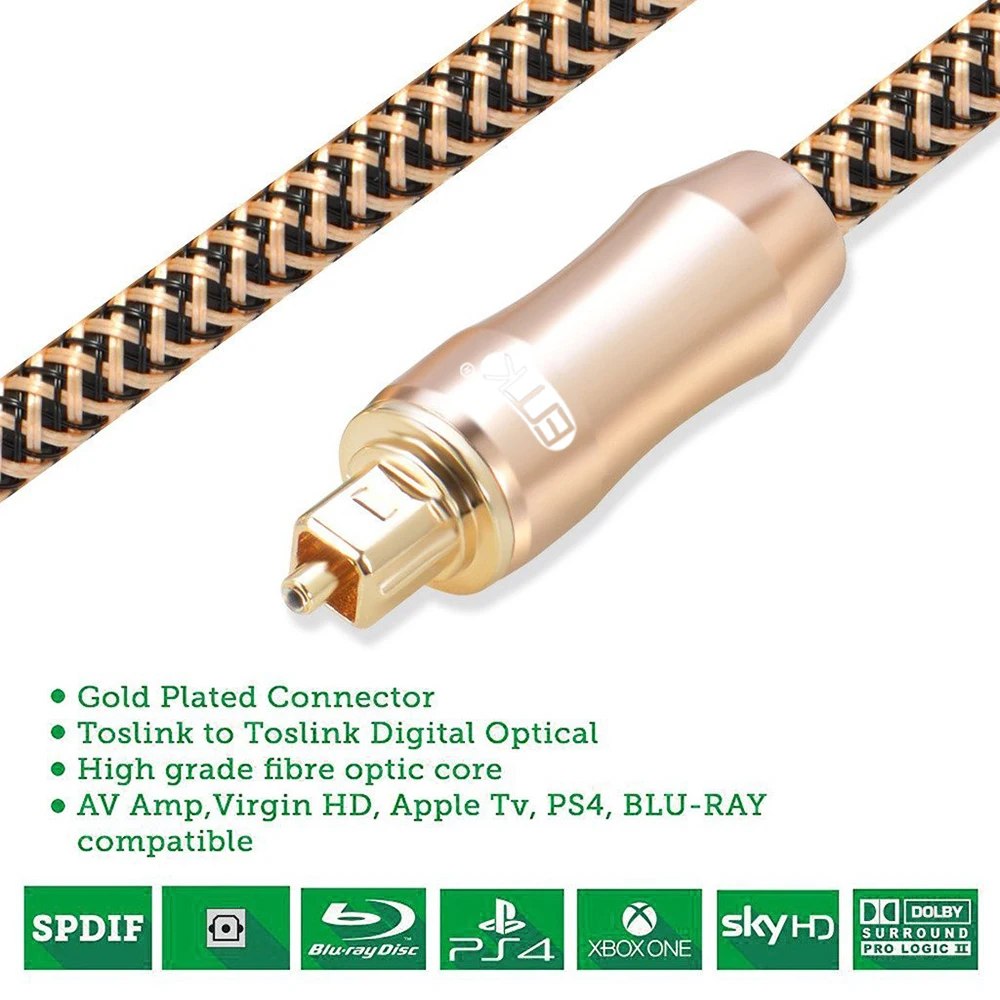 EMK Premium 3m10ft Digital Audio Optical Cable with Mini Toslink Adapters for Blueray,Soundbar,TV box,AV receiver Free Shipping (2