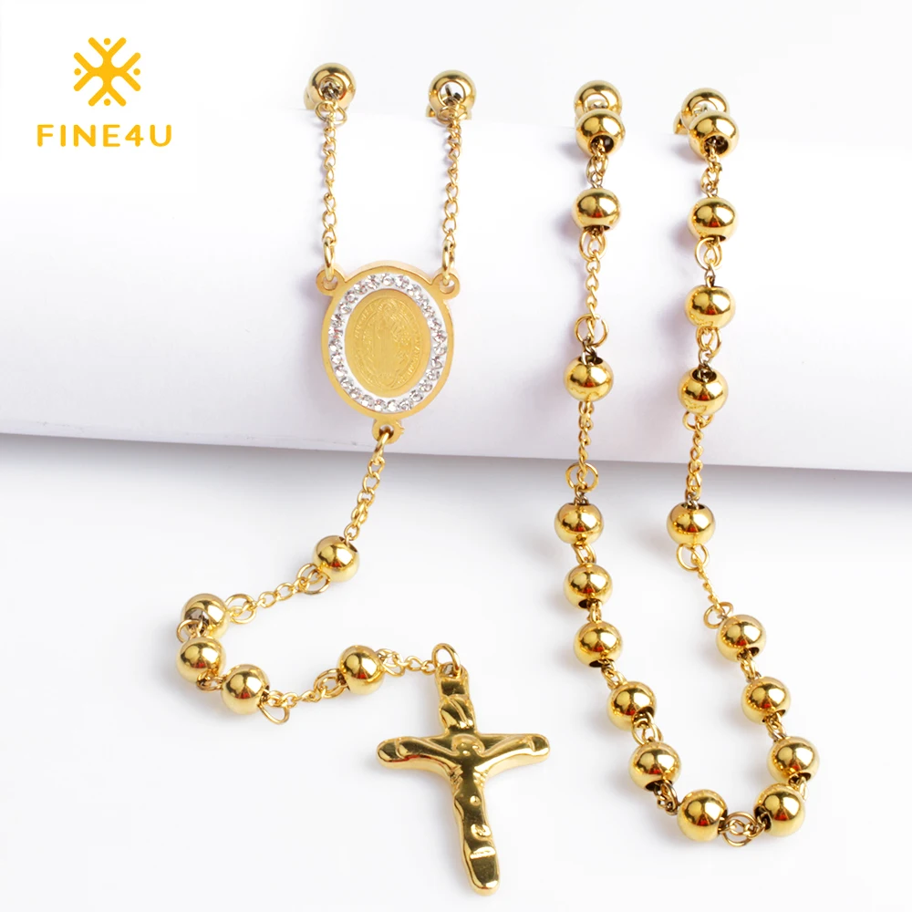 Новинка FINE4U N052 крест кулон ожерелье для мужчин женщин 316L четки из нержавеющей стали бусы ожерелье Религиозные ювелирные изделия