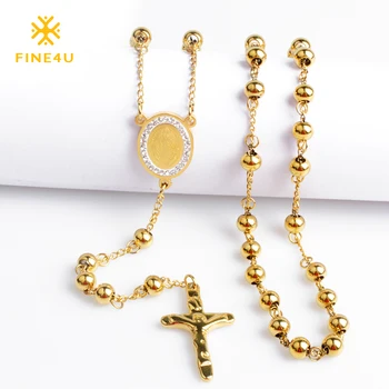 2018 New FINE4U N052 Cross Pendant Necklace For Men Women 316L Stainless Steel Rosary Beads Necklace Religious Jewelry