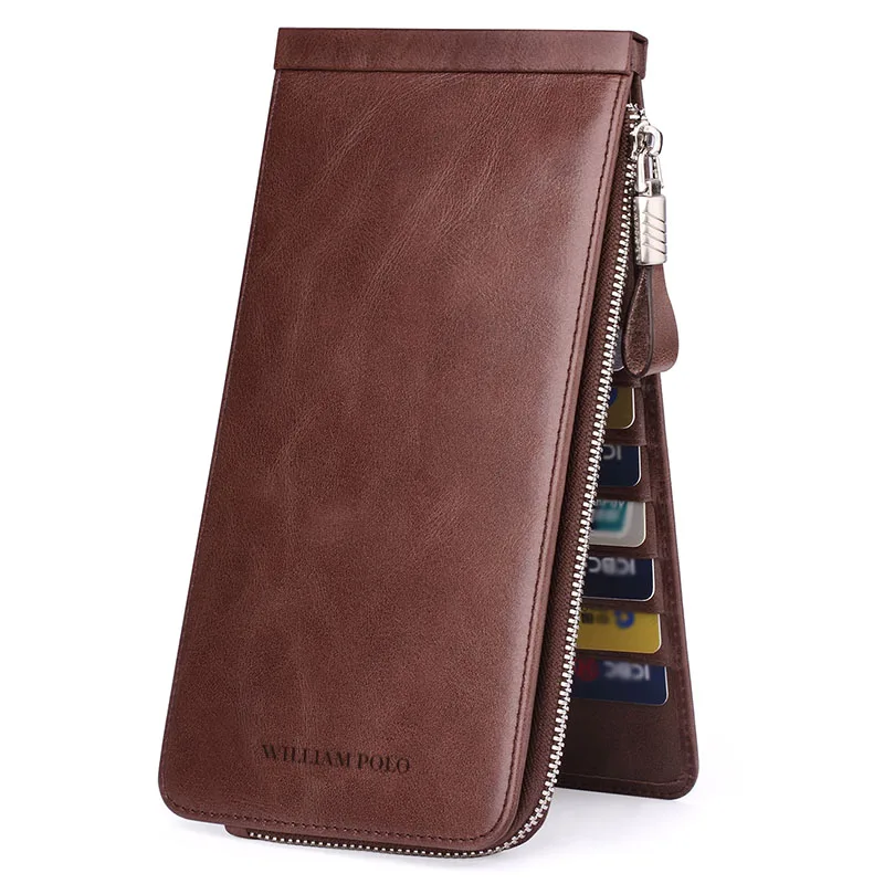 

WILLIAMPOLO Men's Wallets 100% Cow Leather Clutch Wallet Credit Card Holder Genuine Leather Zipper Bifold Multi Card Case Pocket