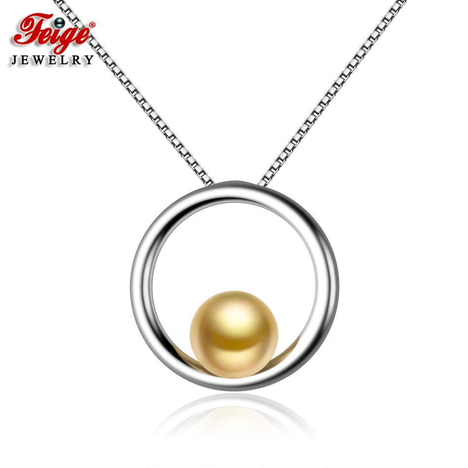 

FEIGE Simple style Real 925 Sterling Silver Pendant Necklaces 7-8mm Golden Freshwater Pearl Necklace for Women Fine Jewelry