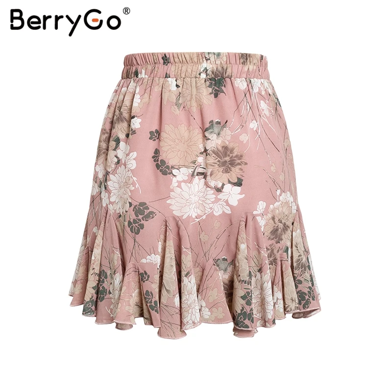 BerryGo богемный рубашки с цветочным принтом для женщин юбка Эластичный Высокая талия Раффлед Мини женская летняя пляжная Короткие юбки