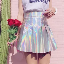 Harajuku PU голографическая Женская мода лето Высокая Талия Мини Короткие плиссированные юбки ветер Косплей Твердые kawaii женские юбки