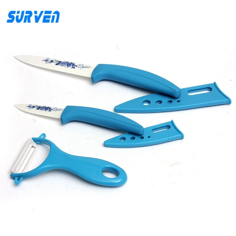 SURVEN Blue 3 5 inch Zirconia Ceramic Knives Peeler Flower Kitchen Cooking Knives Kit Vegetable Paring