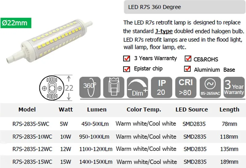 Новый dimmable R7S 78 мм 118 мм 135 мм 189 мм R7S LED 7 Вт-15 Вт 360 градусов LED R7S Lampara Luz J78 J118 J135 J189 SMD2835 110 В 220 В