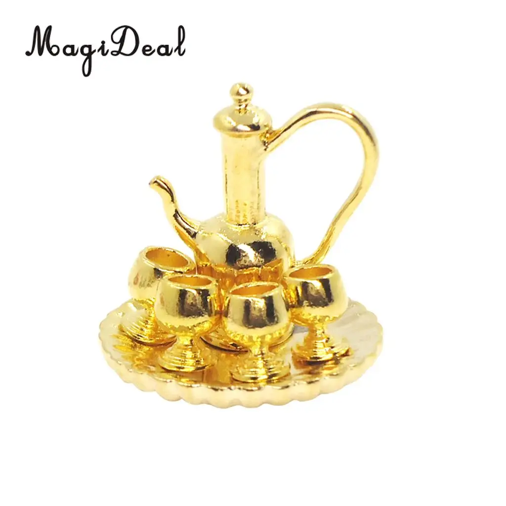 6Pcs 1:12 Dollhouse Miniature Silver Metal Tea Coffee Milk Set with Tray for Dolls Living Room Table Tableware Furniture Decor