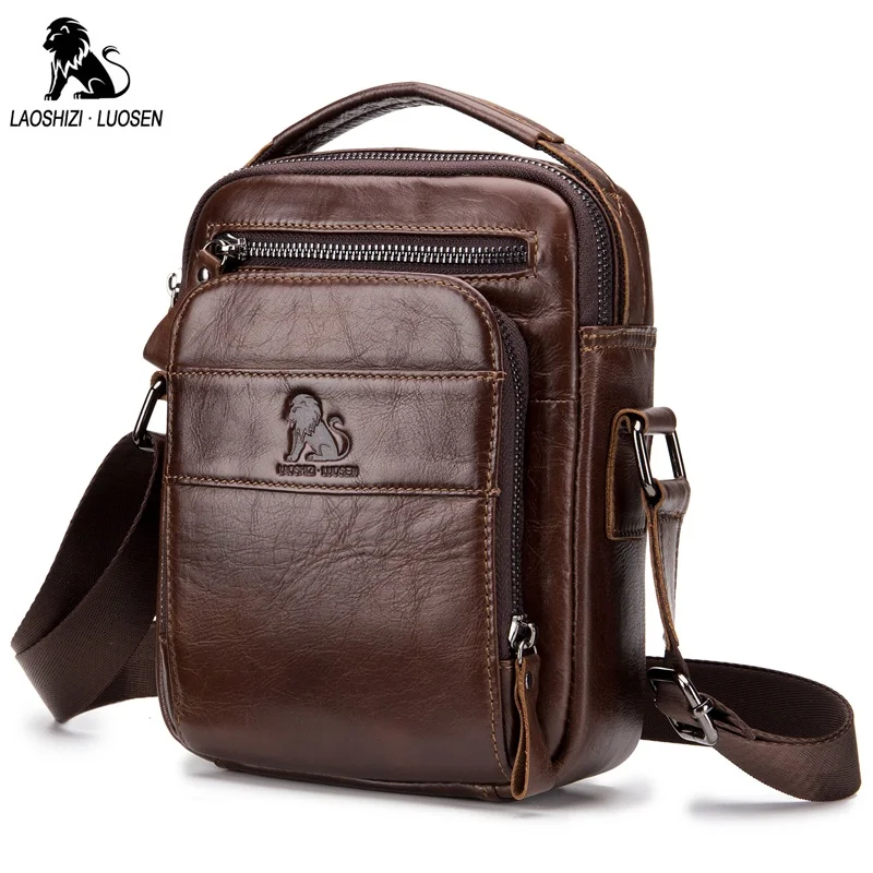 

LAOSHIZI LUOSEN Genuine Leather Men Bags Handbag Vintage Casual Travel Men's Shoulder Bag Crossbody Bags Zipper Messenger Bag
