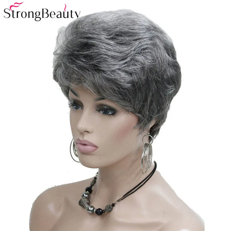 StrongBeauty синтетические Короткие Волнистые Волосы пышные натуральные светлые/серебристо-серые парики с челкой для женщин много цветов на выбор
