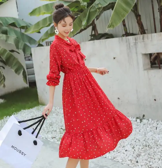9006 red not nursing Goaryunve Весна средства ухода за кожей для будущих мам цветочный шифоновое платье с длинным фонари рукавом эластичный пояс воротник бабочк - Цвет: 9006 red not nursing