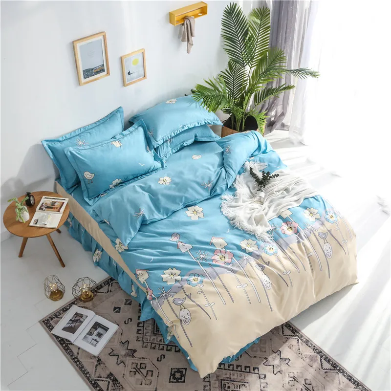 

Cartoon Blue Print Bedding Sets 4pcs Thickened Sanding High Quality Bed Linings Duvet Cover Bed Skirt Pillowcases Cover Set Soft