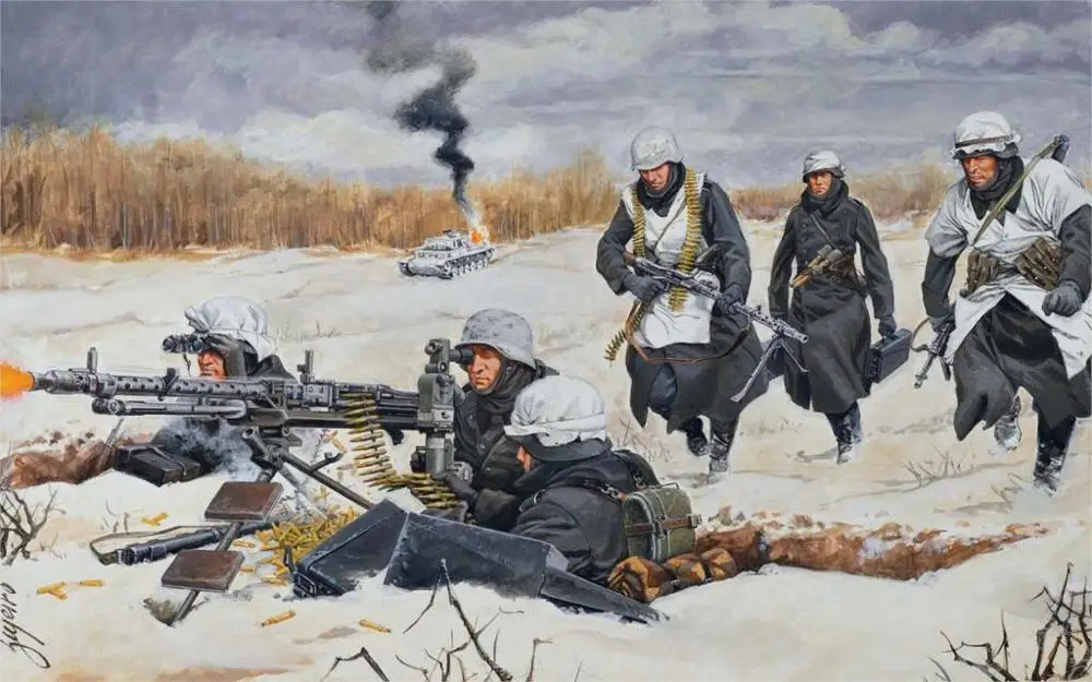 

Art world war 2 WW2 winter snow German soldiers machine guns 34-mg 42-mg fire shots burning tank Home Decoration Canvas Poster