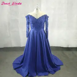 Настоящая фотография элегантная одежда с длинным рукавом с v-образным вырезом Королевский синий кружева аппликации из бисера платья для