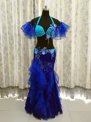 Индивидуальные bellydance алмаз синий/белый живота Индийский цыганский танец практика производительность костюм набор 2 шт. (бюстгальтер + юбка)