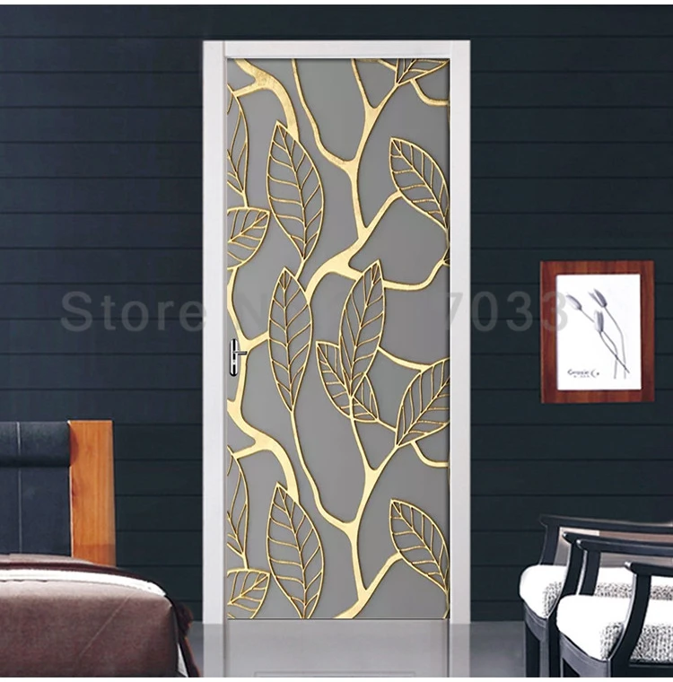 Creative 3D Golden Leaves Door Sticker DIY Home Decor Decal Self Adhesive Wallpaper Waterproof Mural For Bedroom Door Renovation