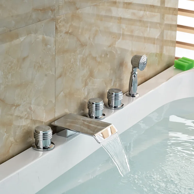 New 5Pcs Widespread Bathtub Waterfall Roman Tub Faucet Chrome Brass Bathroom Sink Mixer Taps